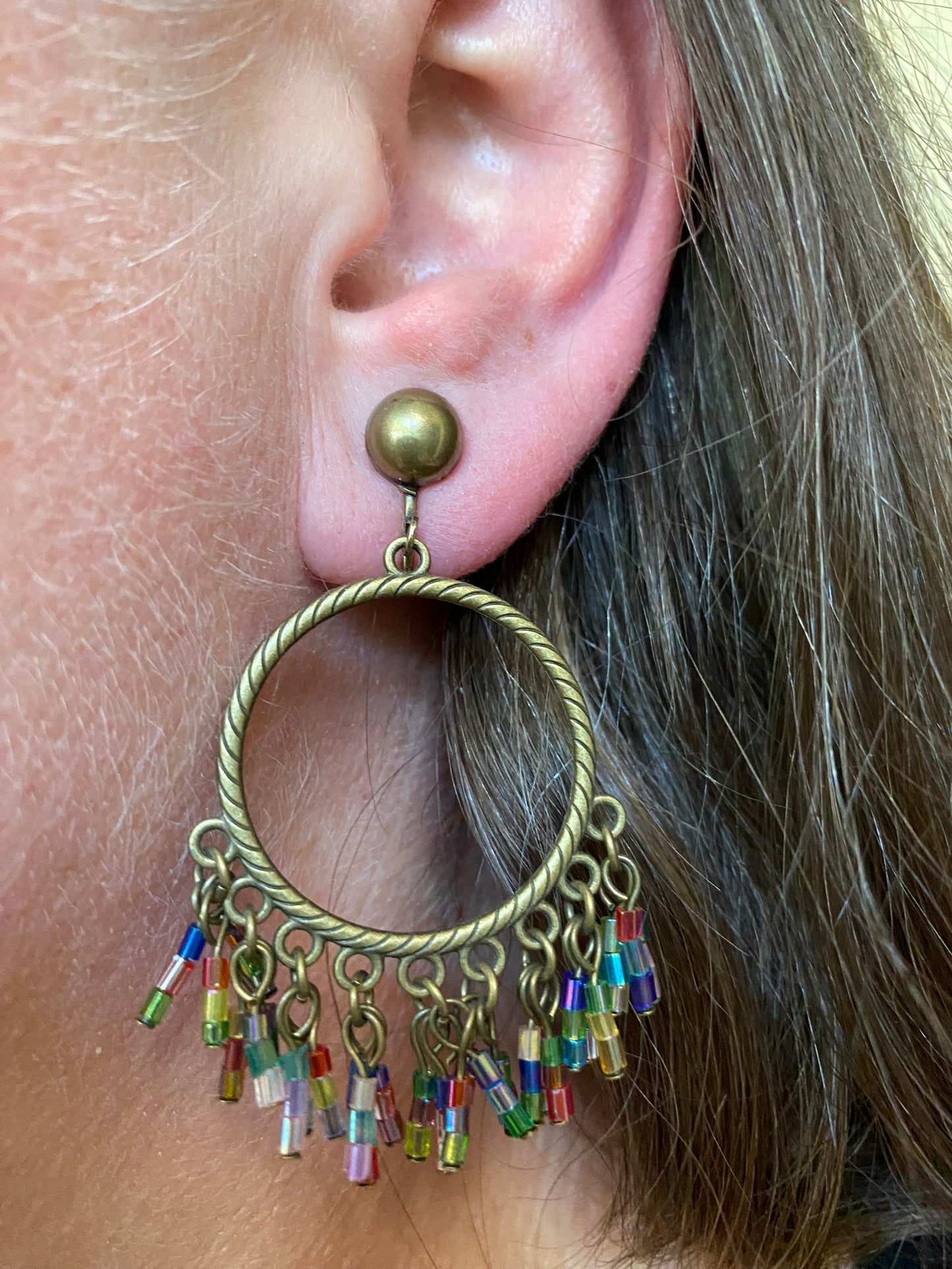 Dangling bronze clip on beaded hoop earrings, gorgeous lightweight festival earrings with hinged screwback closures)