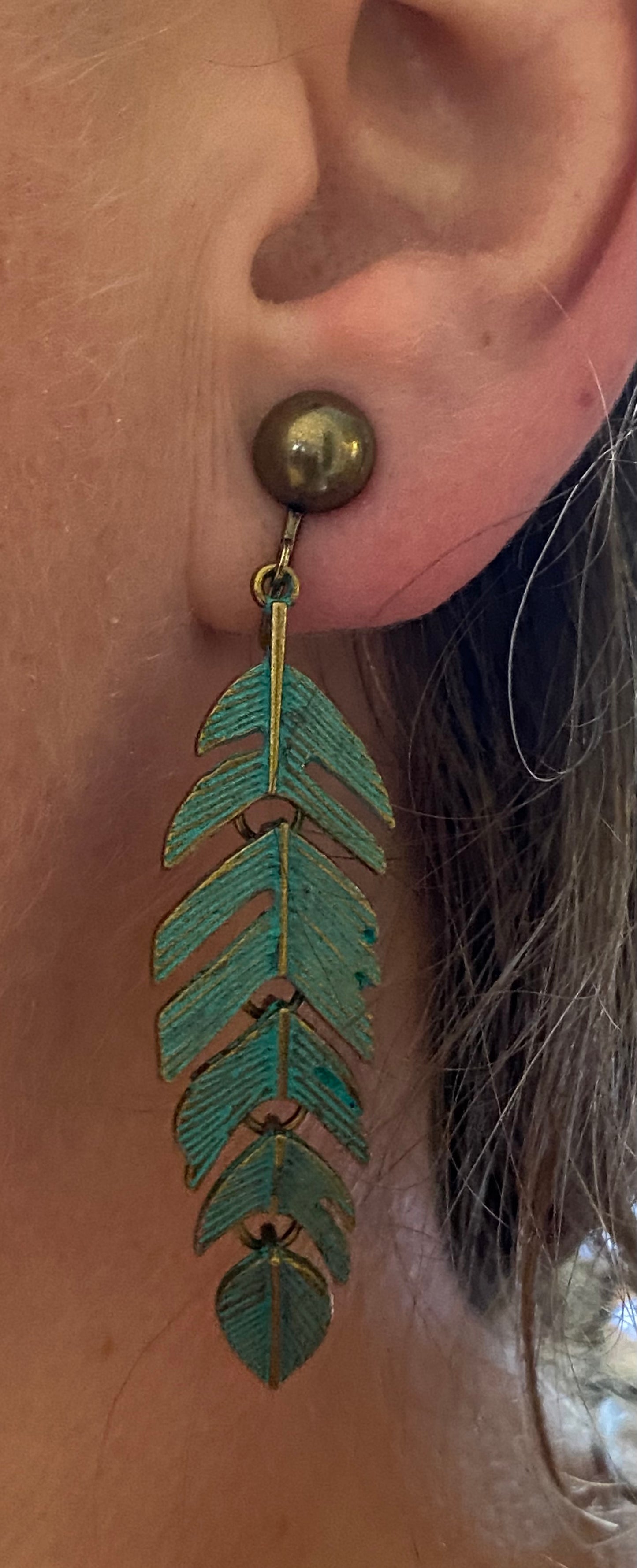 Dangling bronze feather/leaf clip on earrings (Hinged screwback closures)