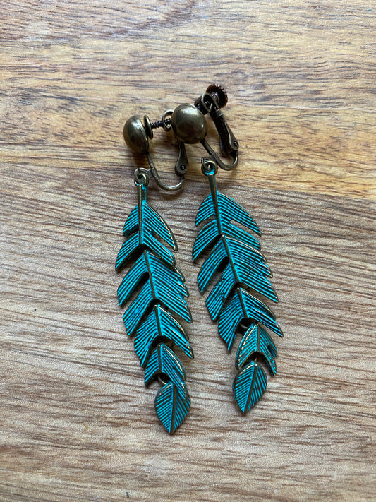 Dangling bronze feather/leaf clip on earrings (Hinged screwback closures)