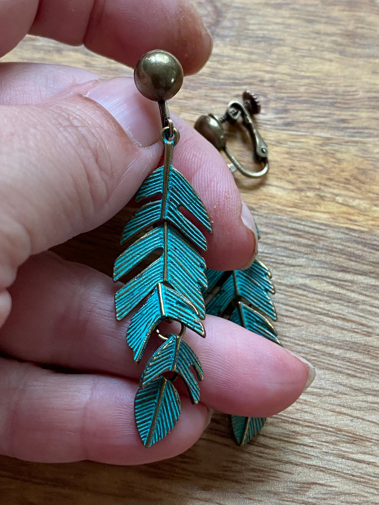 Dangling bronze feather/leaf clip on earrings (Hinged screwback closures)