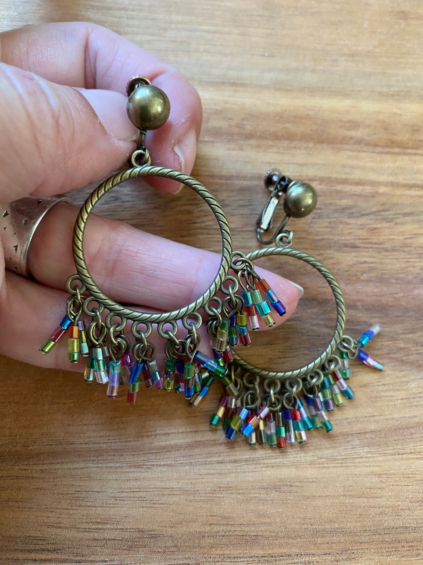 Dangling bronze clip on beaded hoop earrings, gorgeous lightweight festival earrings with hinged screwback closures)