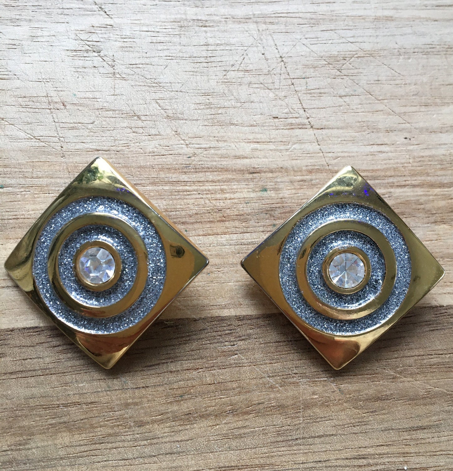 Vintage retro gold and silver glitter square clip on earrings