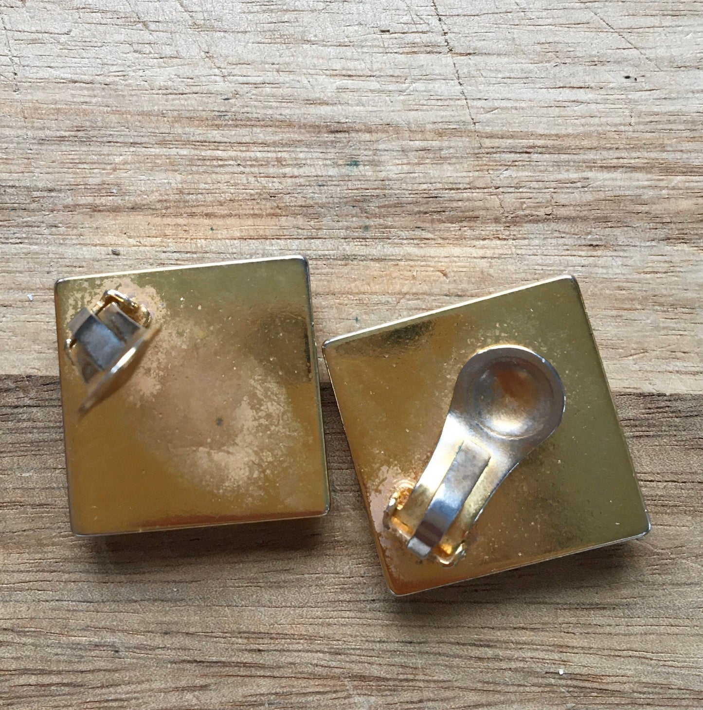 Vintage retro gold and silver glitter square clip on earrings