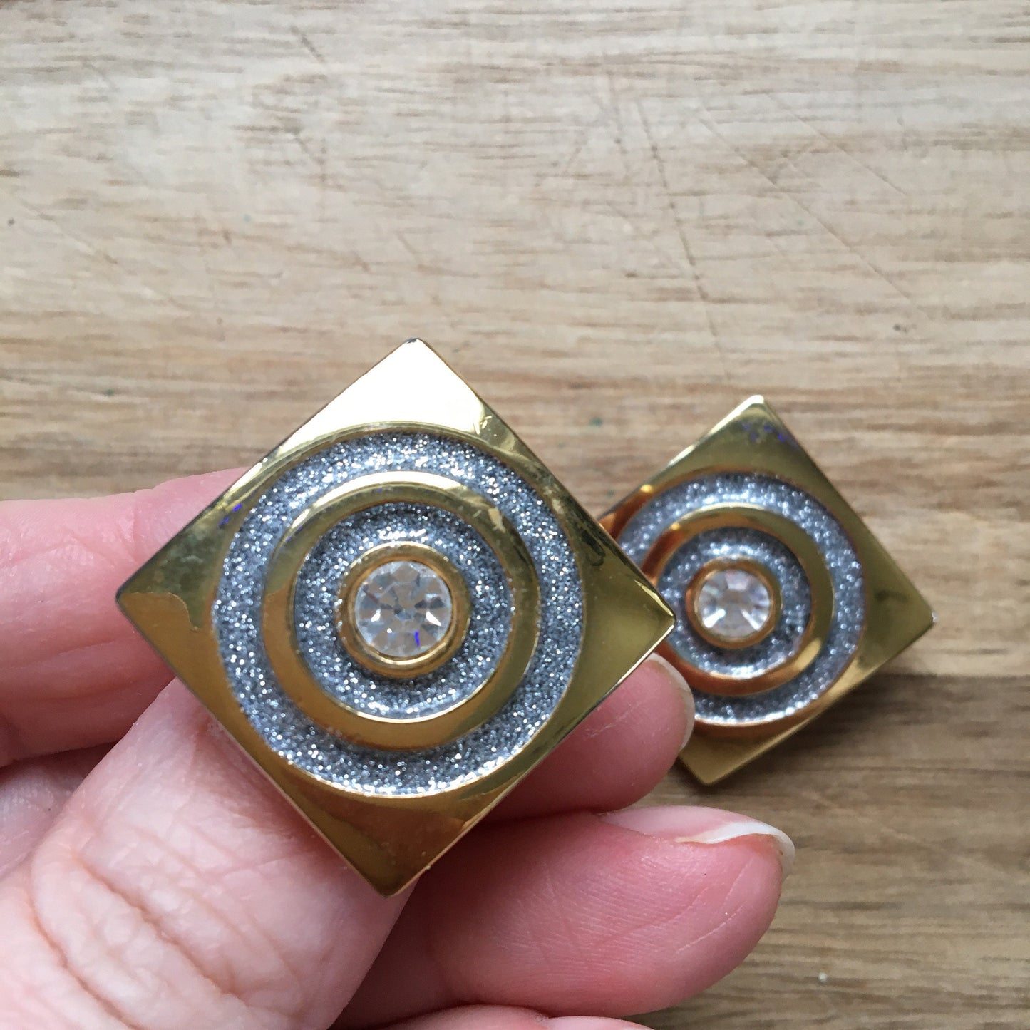 Vintage retro gold and silver glitter square clip on earrings