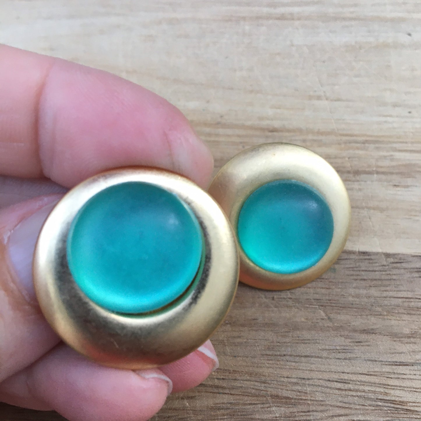 Vintage luminous green cabochon clip on earrings