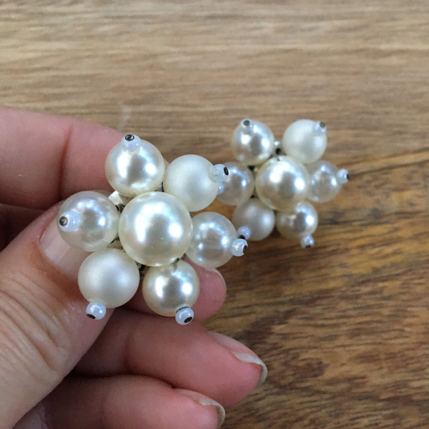 Vintage white cluster beaded clip on earrings with large beads