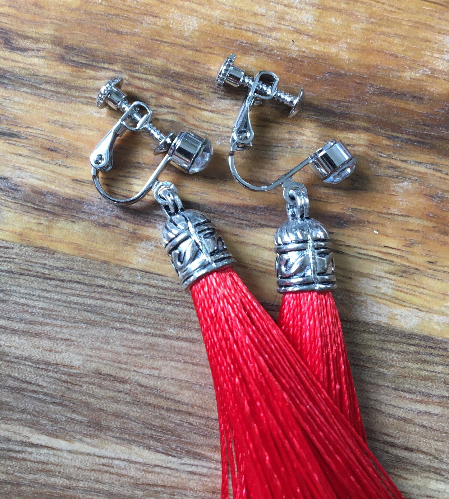 Clip on silk tassels and rhinestone earrings, dangling boho screwback earrings