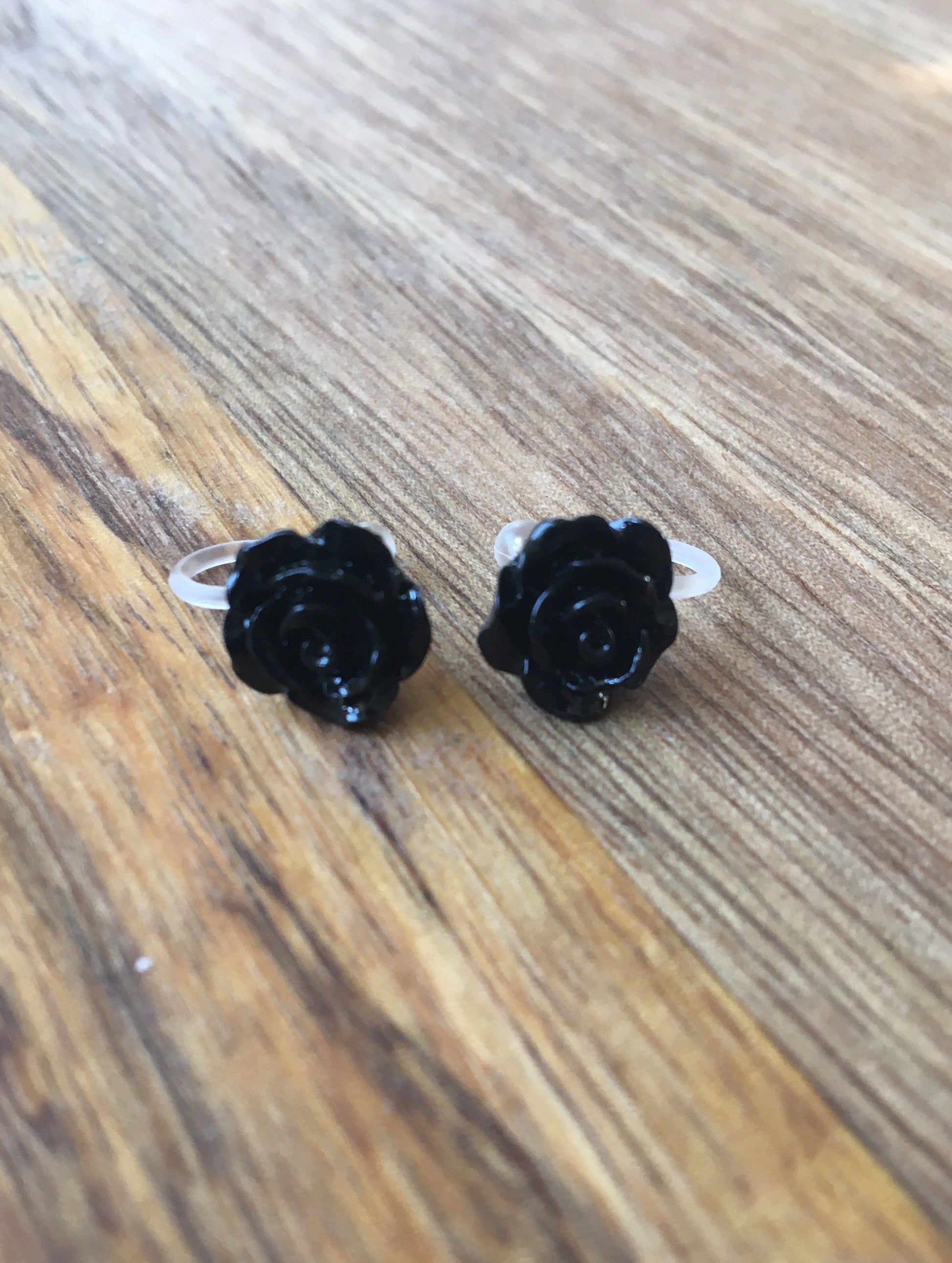 tiny black rose clip on earrings