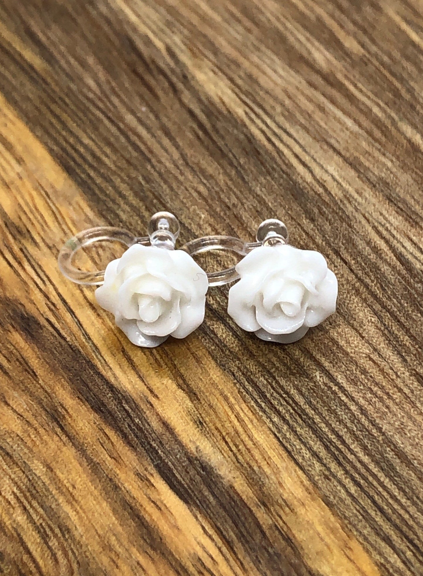 tiny white rose clip on earrings