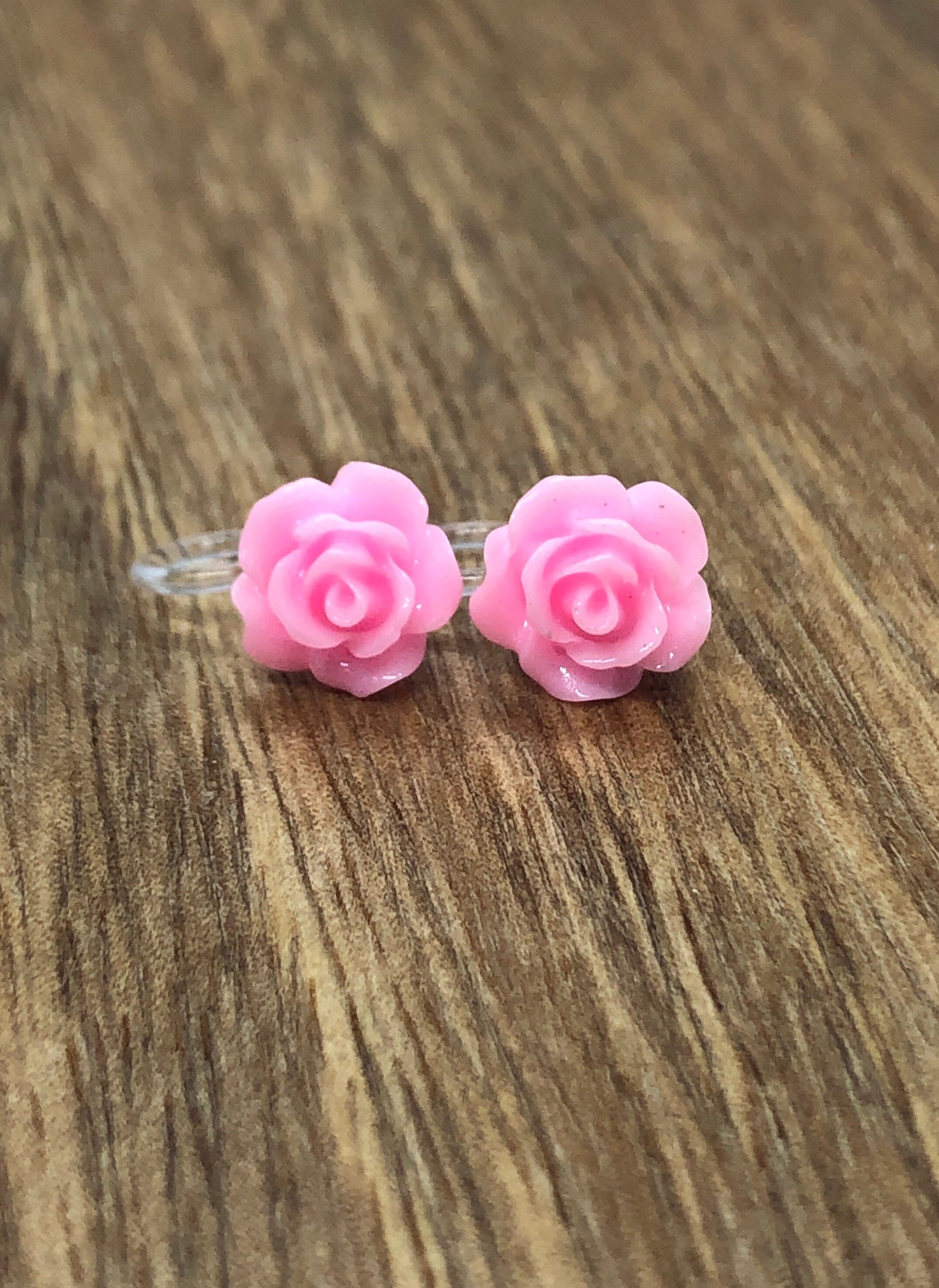 tiny ballet pink rose clip on earrings