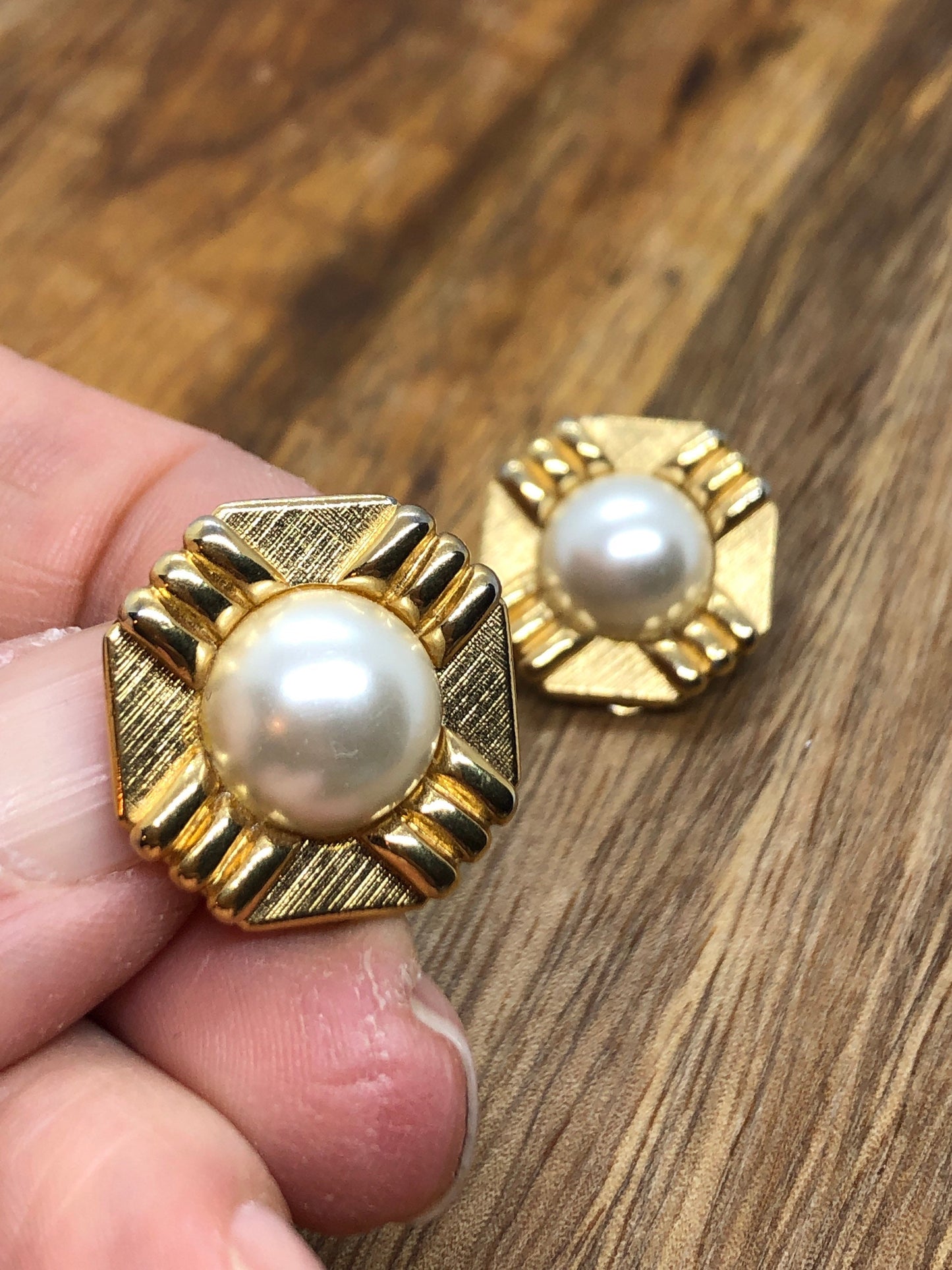 Vintage clip on geometric faux pearl earrings.