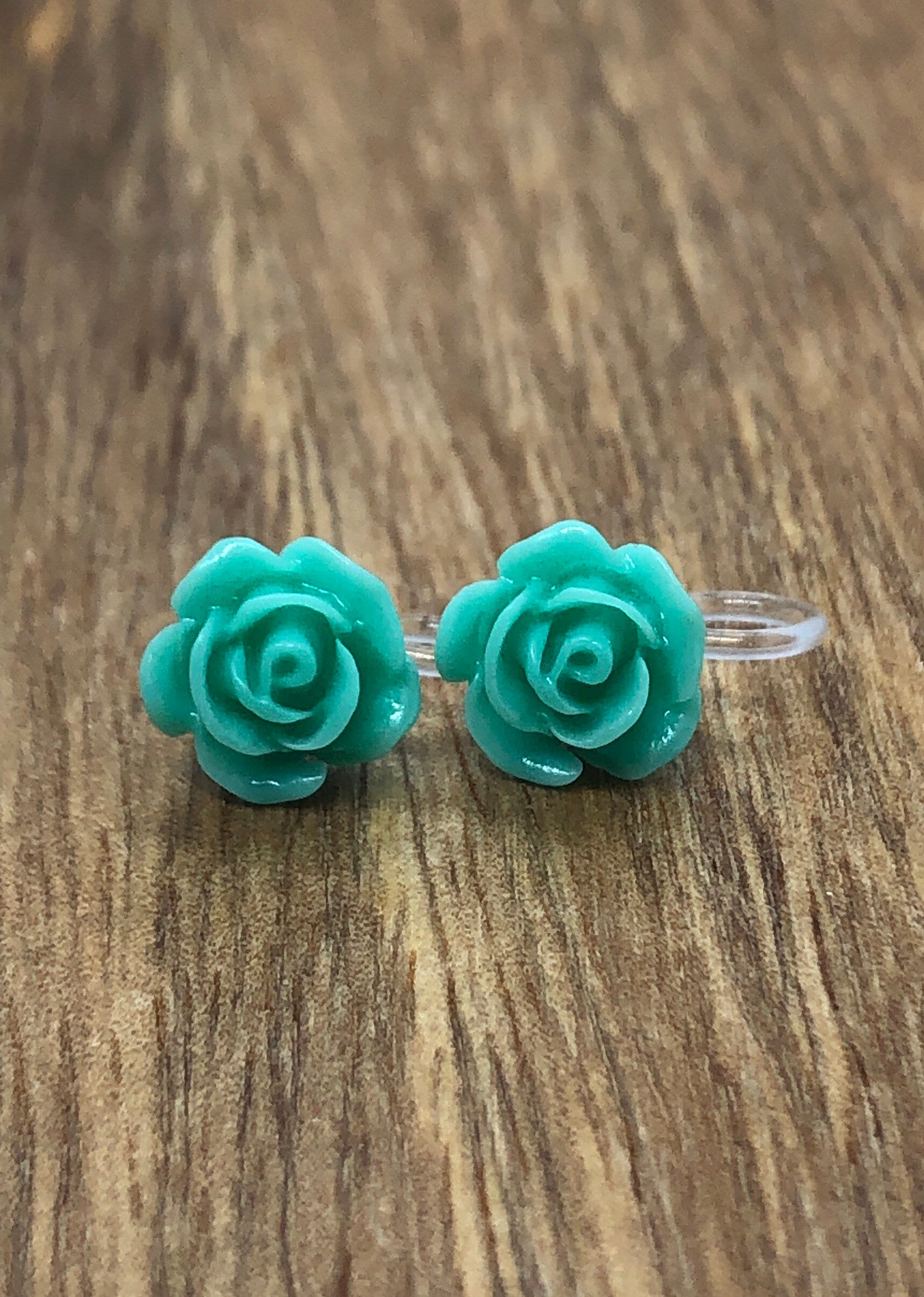 tiny green clip on rose earrings, invisible clip on earrings