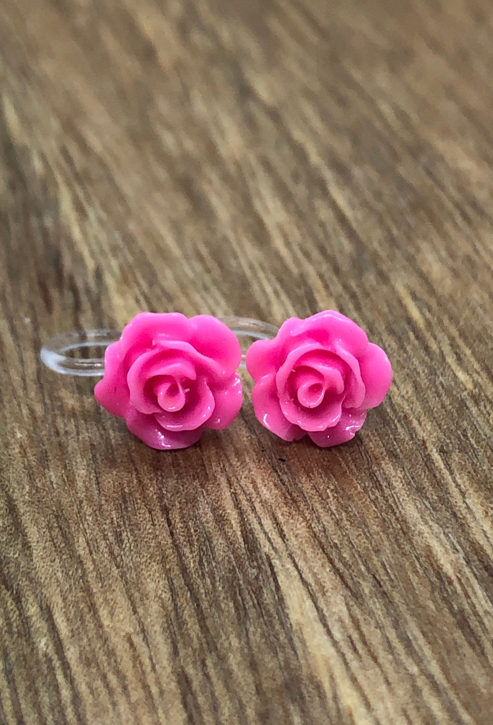 tiny hot pink rose clip on earrings