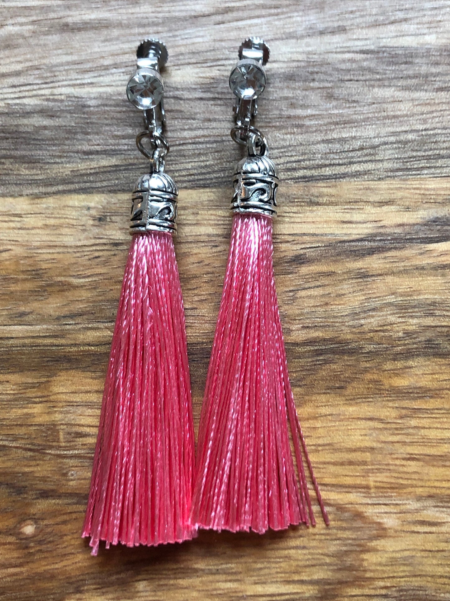 Clip on silk tassels and rhinestone earrings, dangling boho screwback earrings