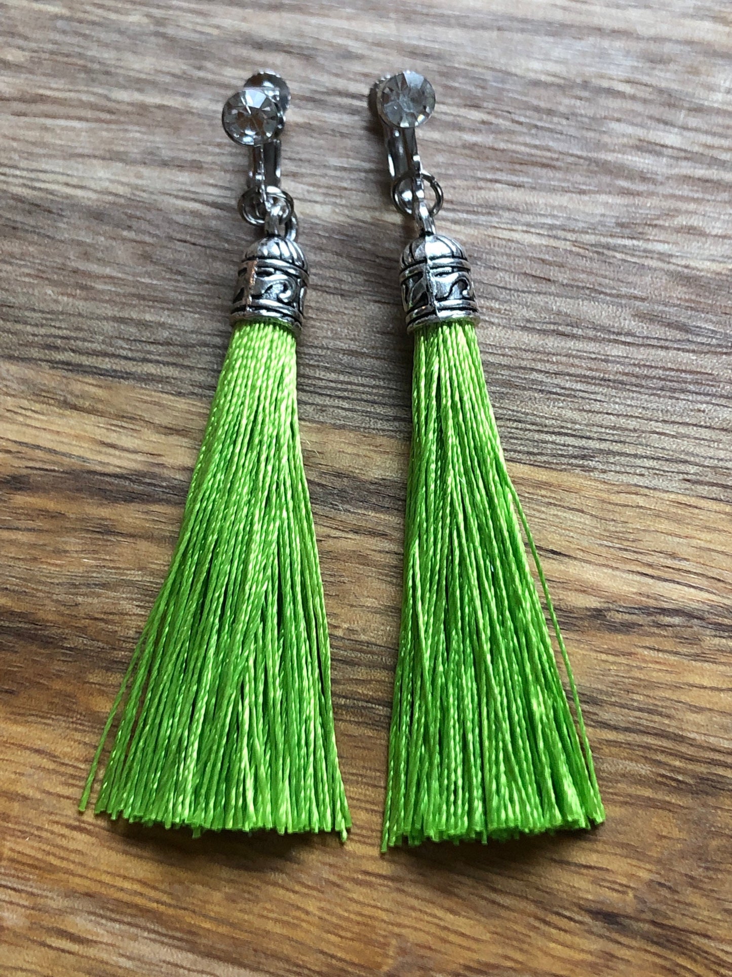 Clip on silk tassels and rhinestone earrings, dangling boho screwback earrings