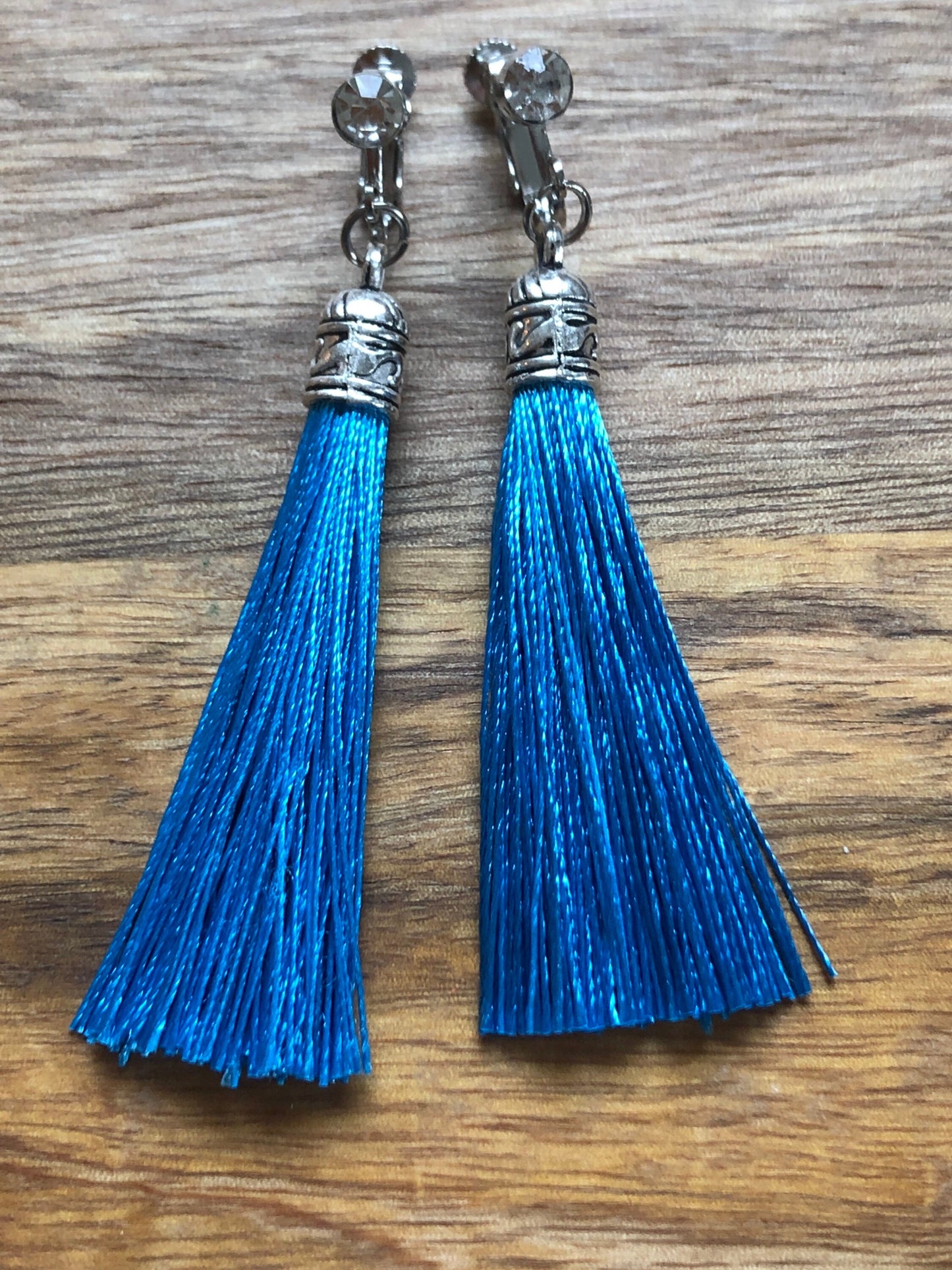 Clip on silk tassels and rhinestone earrings, dangling boho screwback earrings