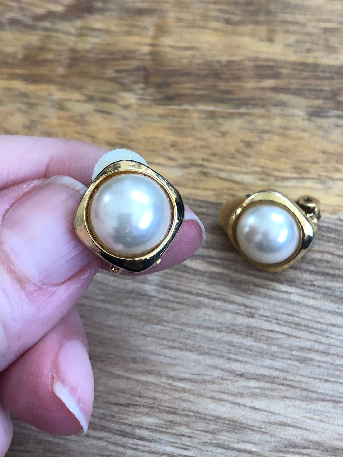 Vintage clip on faux pearl cabochon earrings