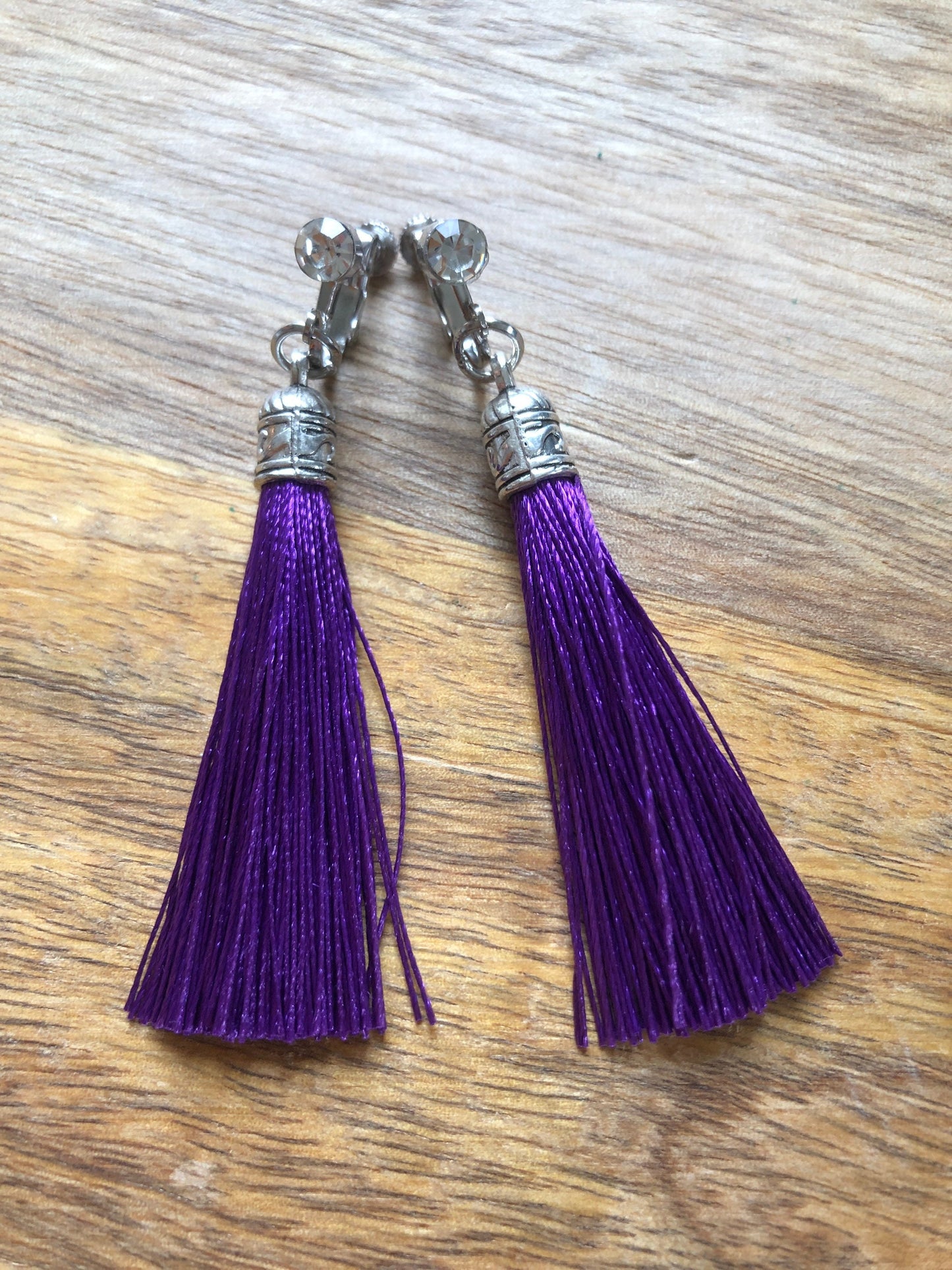 Clip on silk tassels and rhinestone earrings, dangling boho screwback earrings