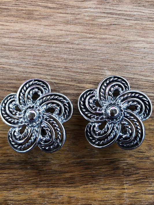 silver clip on floral earrings