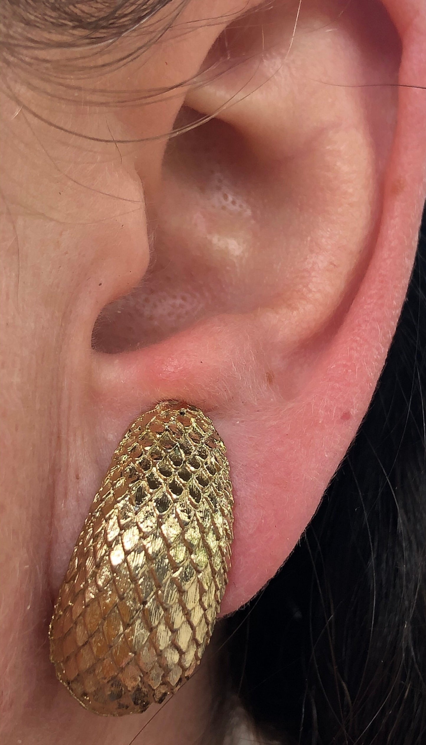 Vintage clip on gold coloured textured reptile skin earrings