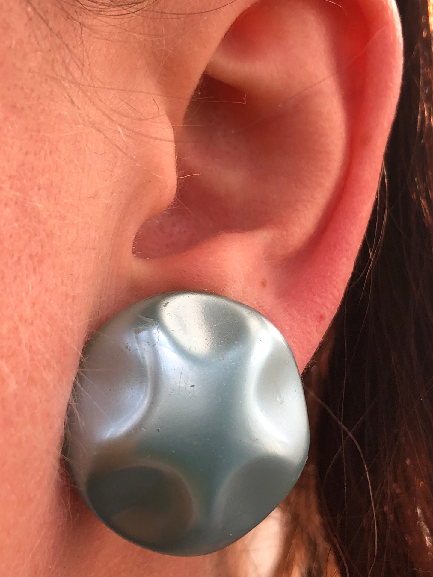 Vintage turquoise button clip on earrings with dimpled texture and pearl finish