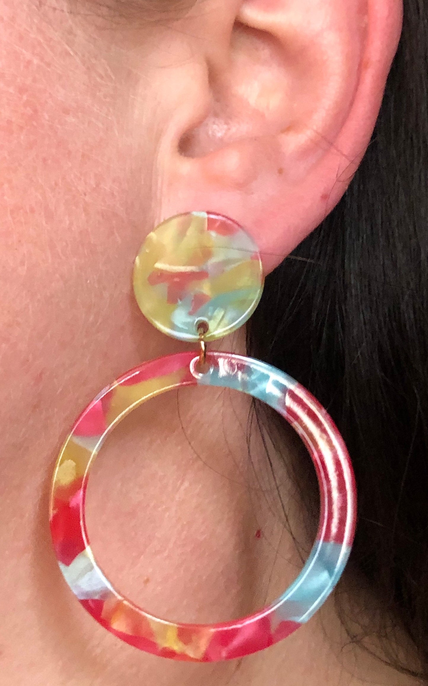 Biggest trendy dangling acetate tortoiseshell hoop clip on earrings