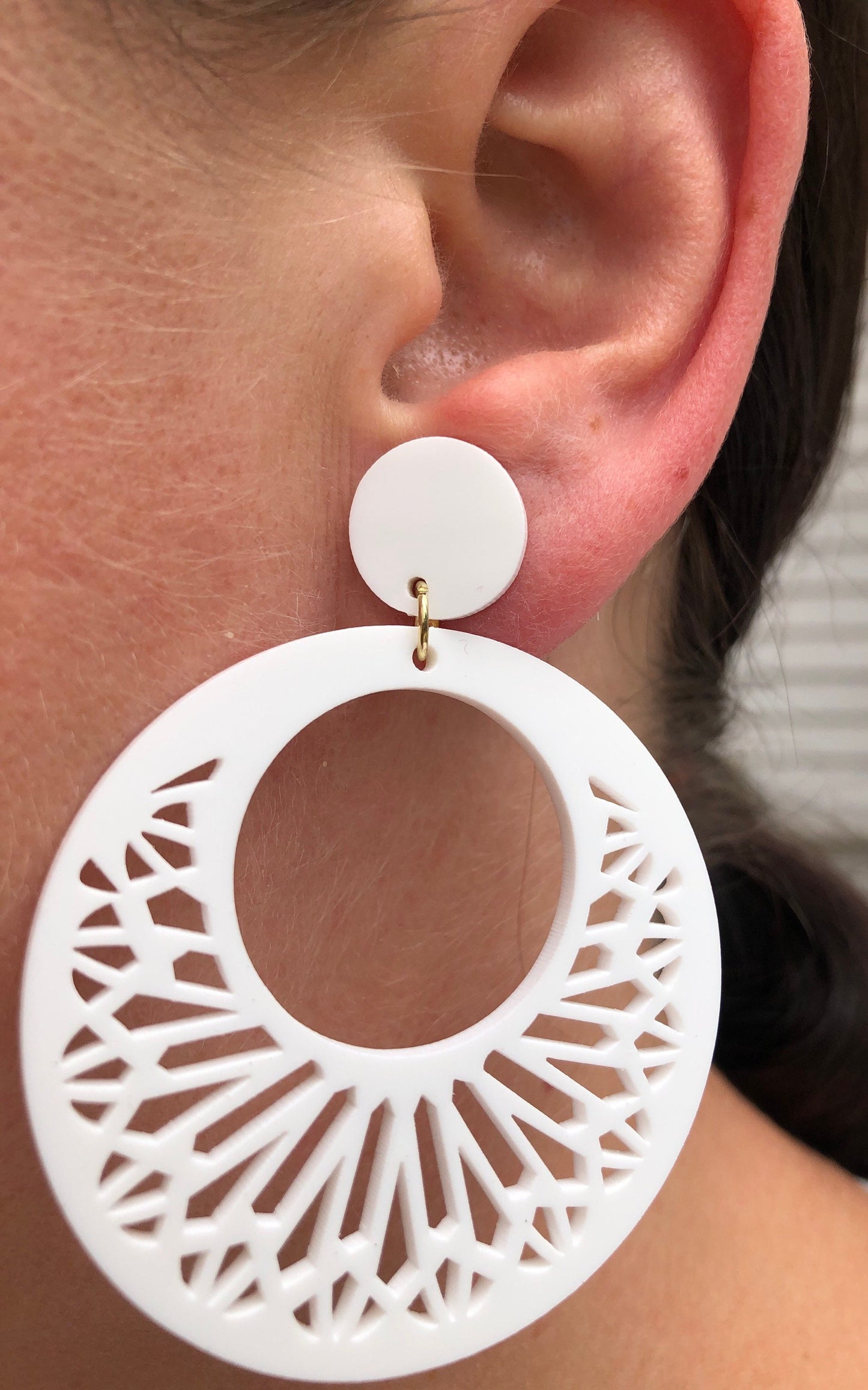 Big trendy dangling laser cut plastic  hoop clip on earrings