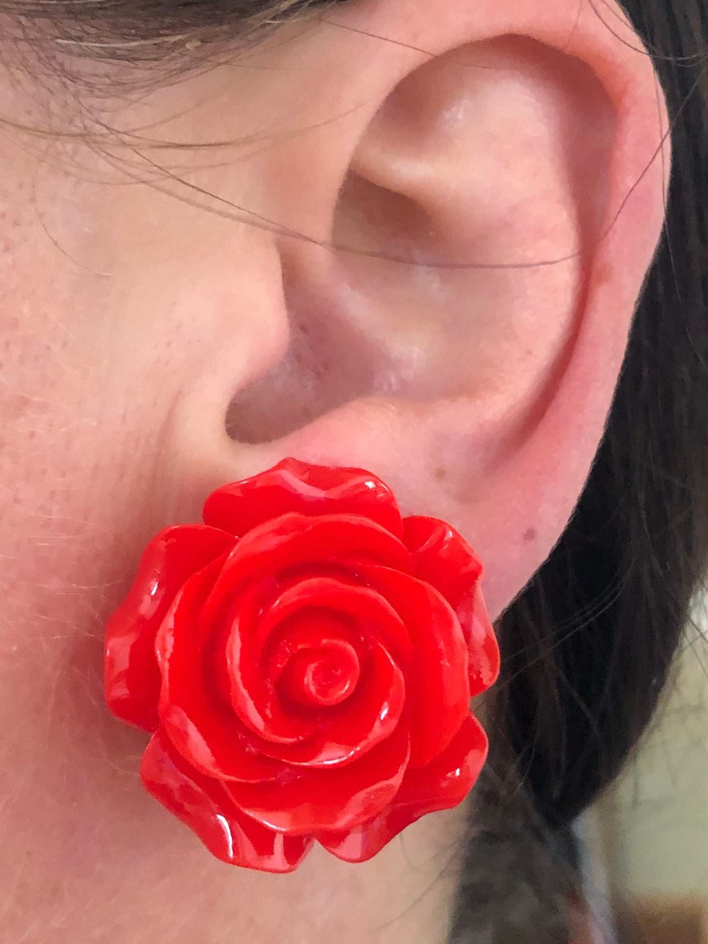 Large Clip on rose earrings, flower earrings for  unpierced ears