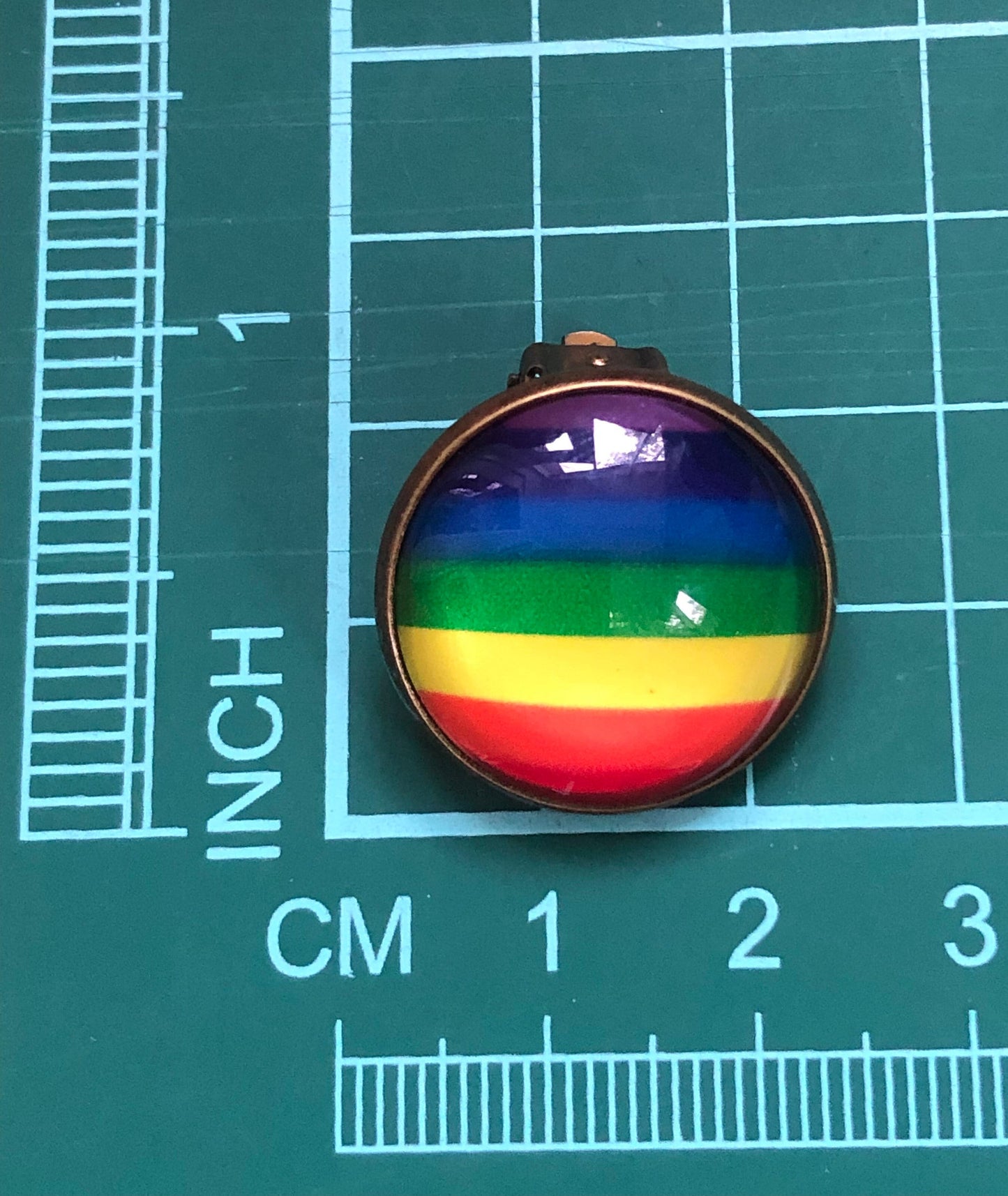 Pride flag 20mm cabochon clip on earrings, small rainbow earrings, rainbow button earrings