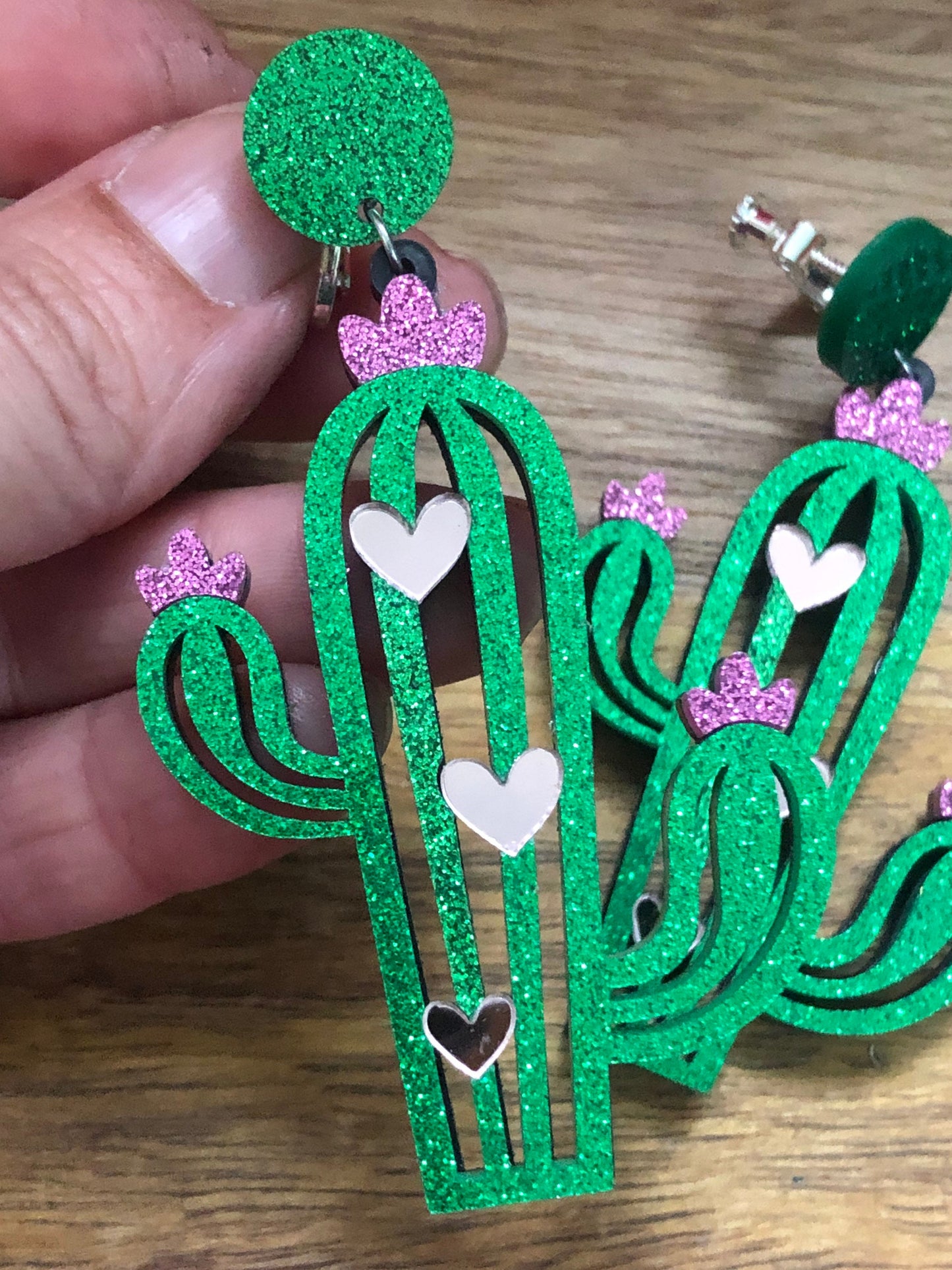 Giant cactus Dangling glittery clip on earrings (hinged screw on closures)