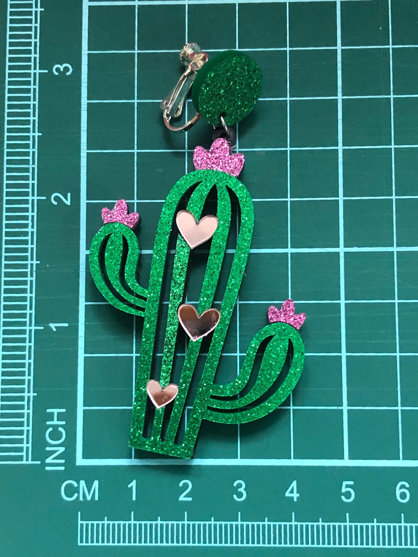 Giant cactus Dangling glittery clip on earrings (hinged screw on closures)