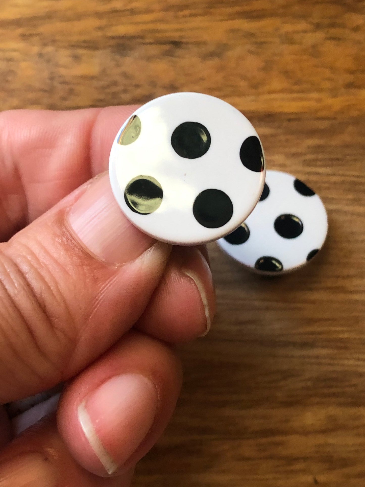 Black and white polka dot clip on button earrings, earrings for unpierced ears