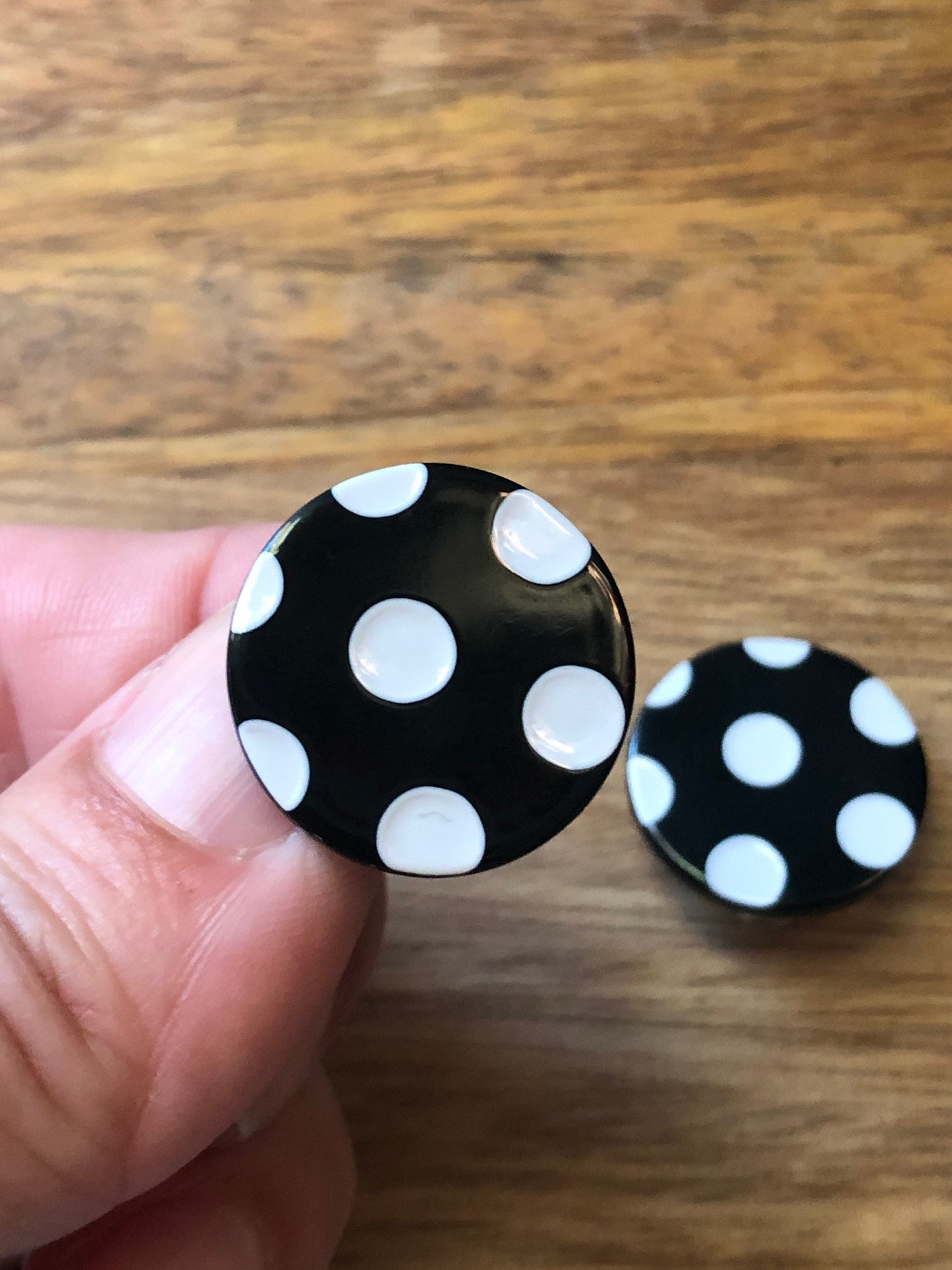 Black and white polka dot clip on button earrings, earrings for unpierced ears