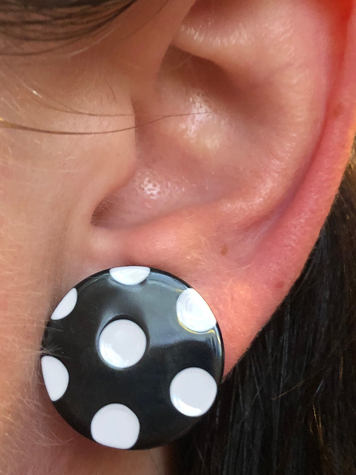 Black and white polka dot clip on button earrings, earrings for unpierced ears