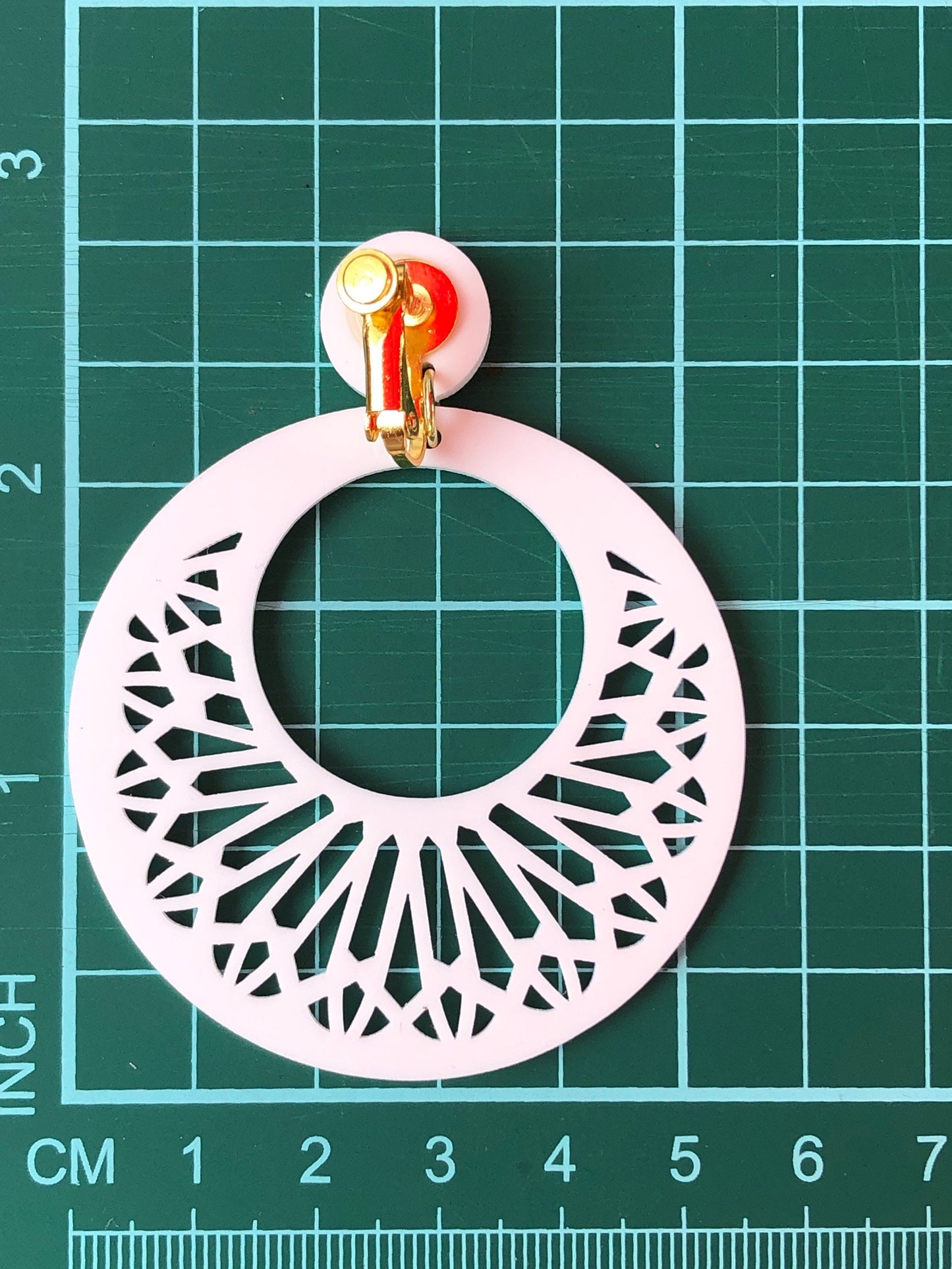 Big trendy dangling laser cut plastic  hoop clip on earrings