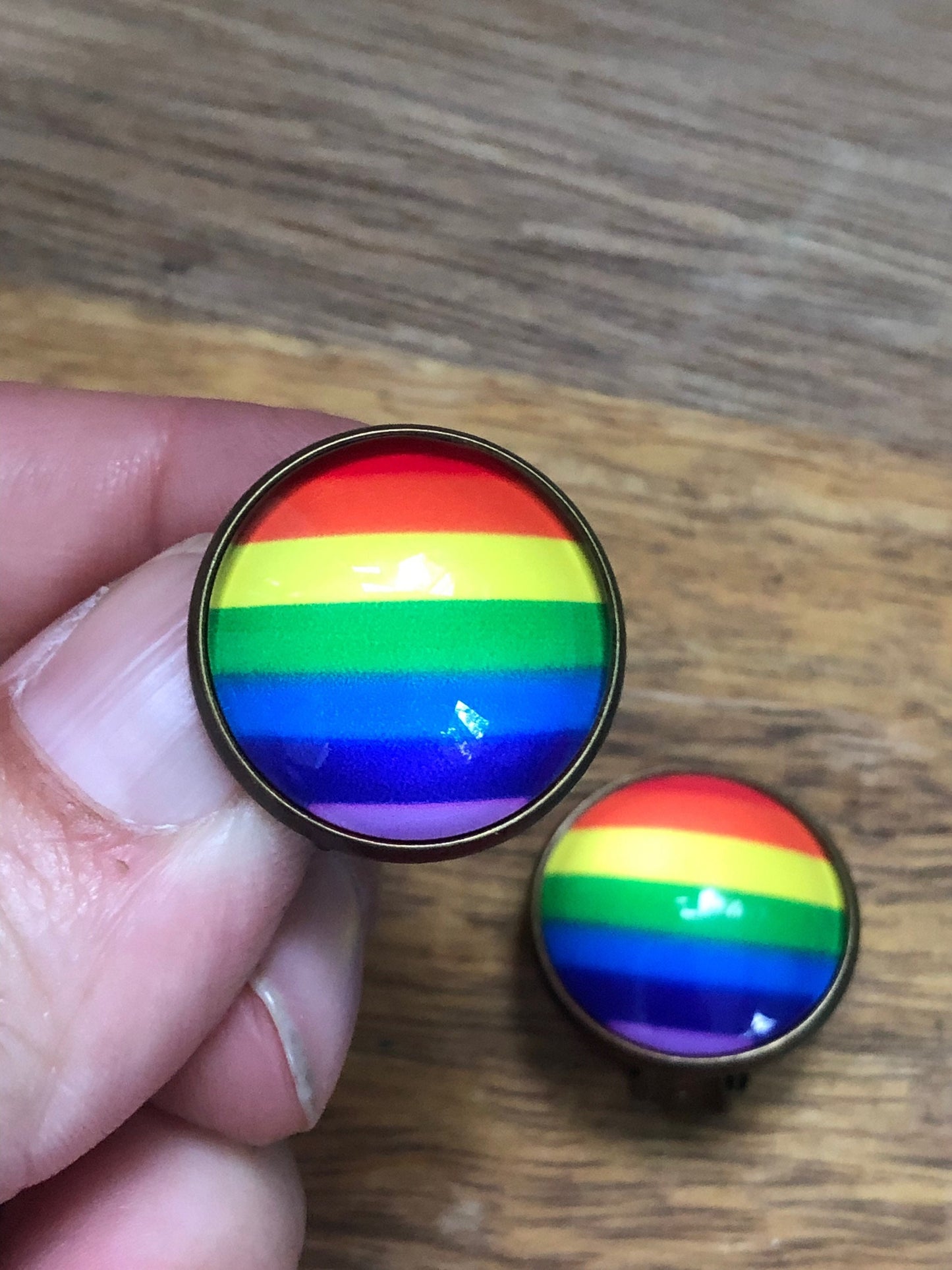 Pride flag 20mm cabochon clip on earrings, small rainbow earrings, rainbow button earrings