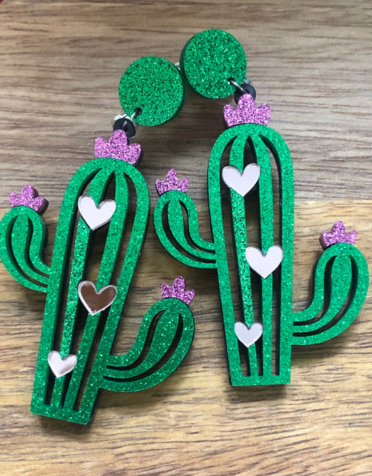 Giant cactus Dangling glittery clip on earrings (hinged screw on closures)