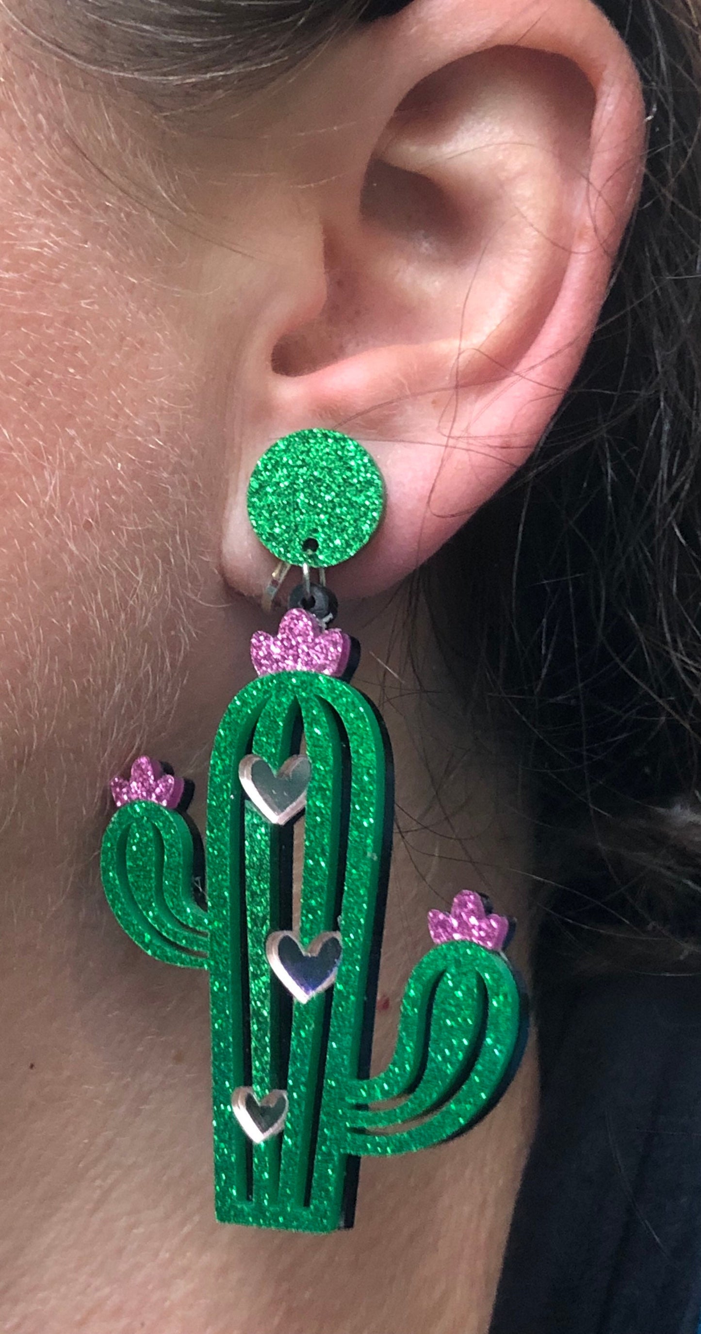 Giant cactus Dangling glittery clip on earrings (hinged screw on closures)