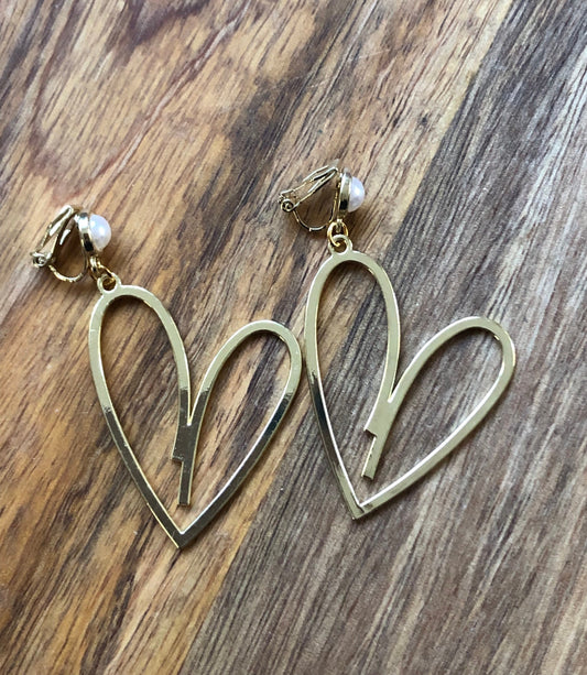 large gold heart clip on earrings, hollow heart earrings