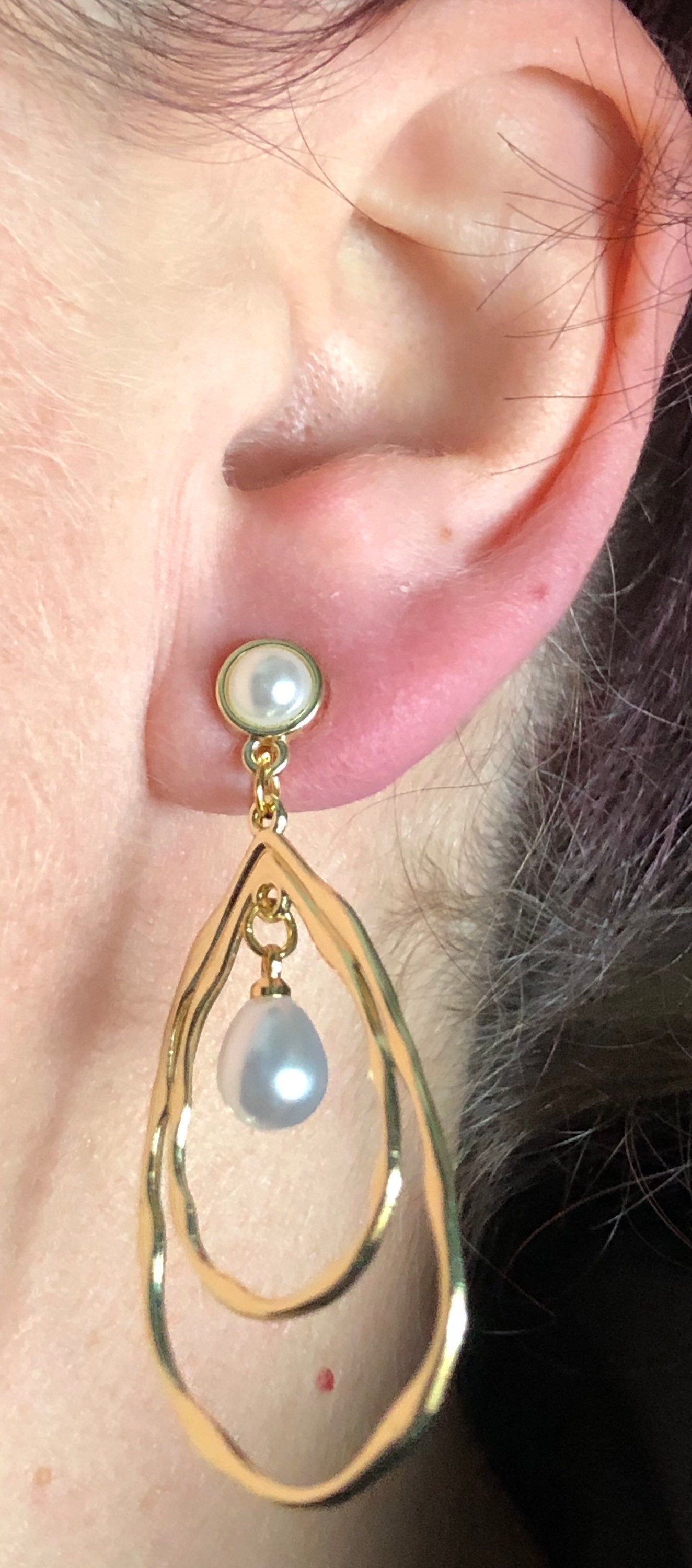 Dangling gold hoops with faux pearls clip on earrings