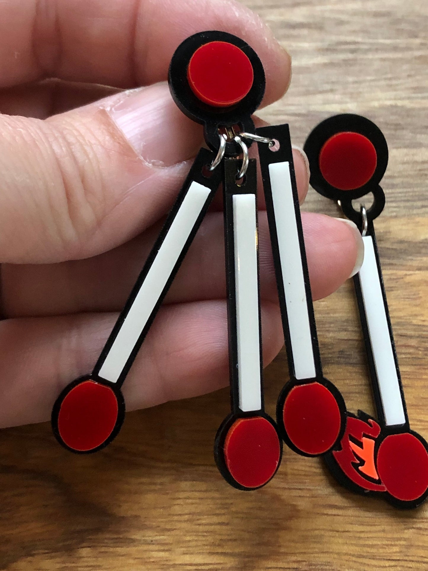 Cute! Dangle clip on earrings struck match and matchsticks Red and black plastic