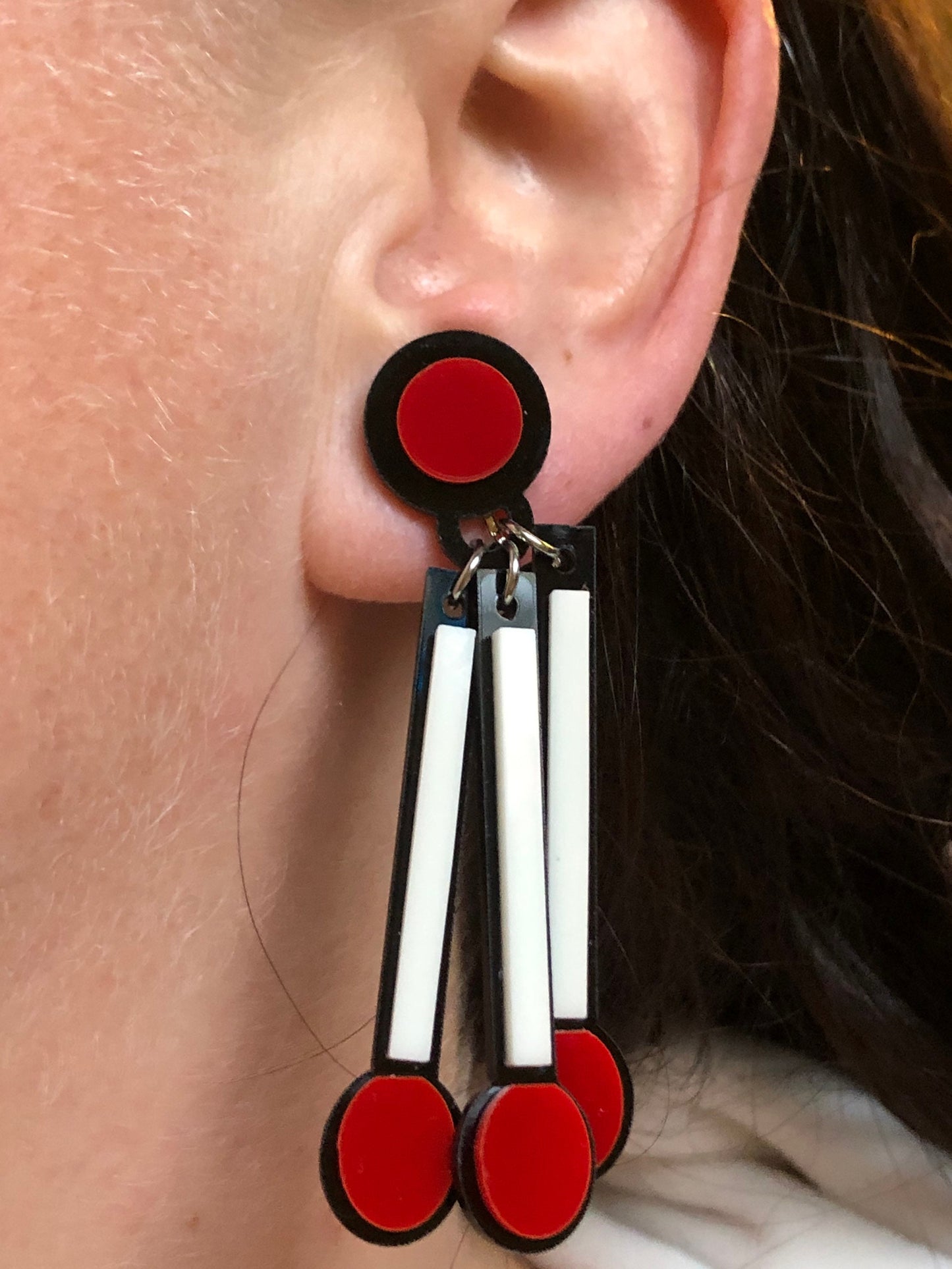 Cute! Dangle clip on earrings struck match and matchsticks Red and black plastic