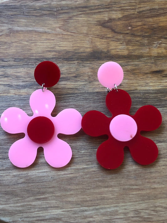 Dangling clip on earrings -large asymmetrical flowers in pink/red, glitter pink/blue, neon pink/green (screwback)