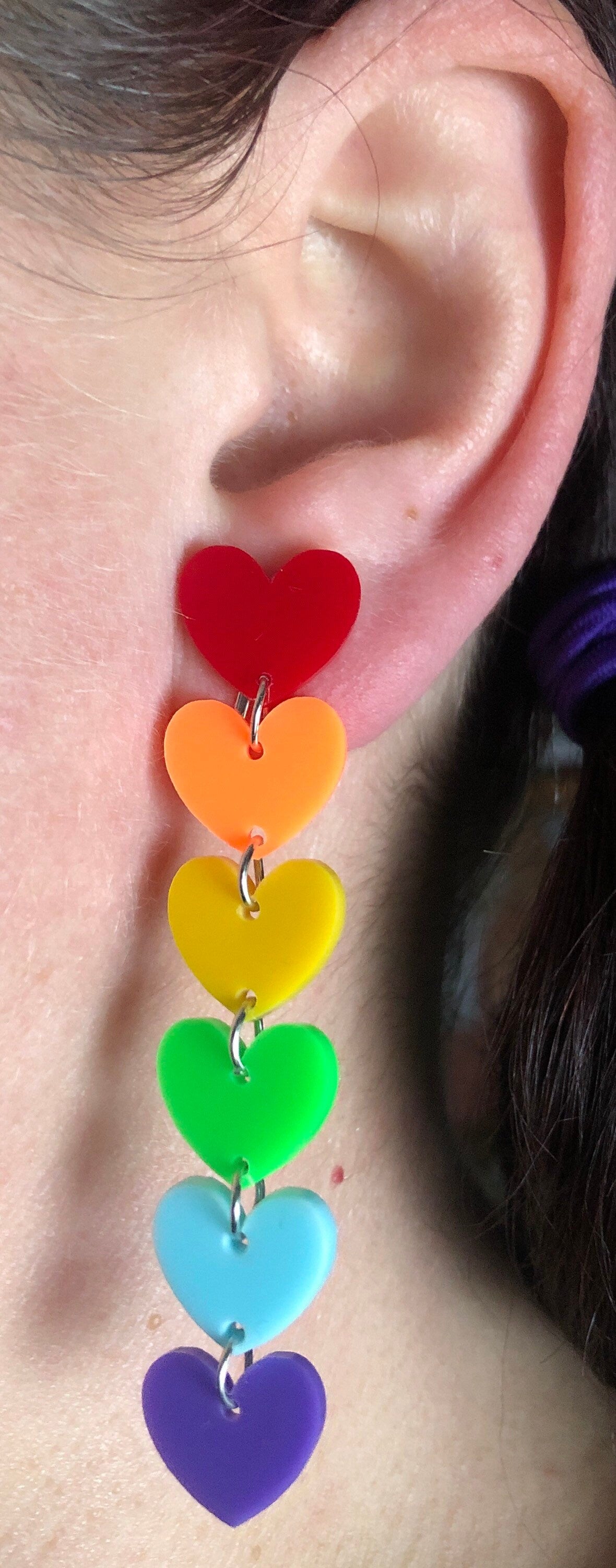 Dangling clip on rainbow heart earrings, pride earrings, fun earrings