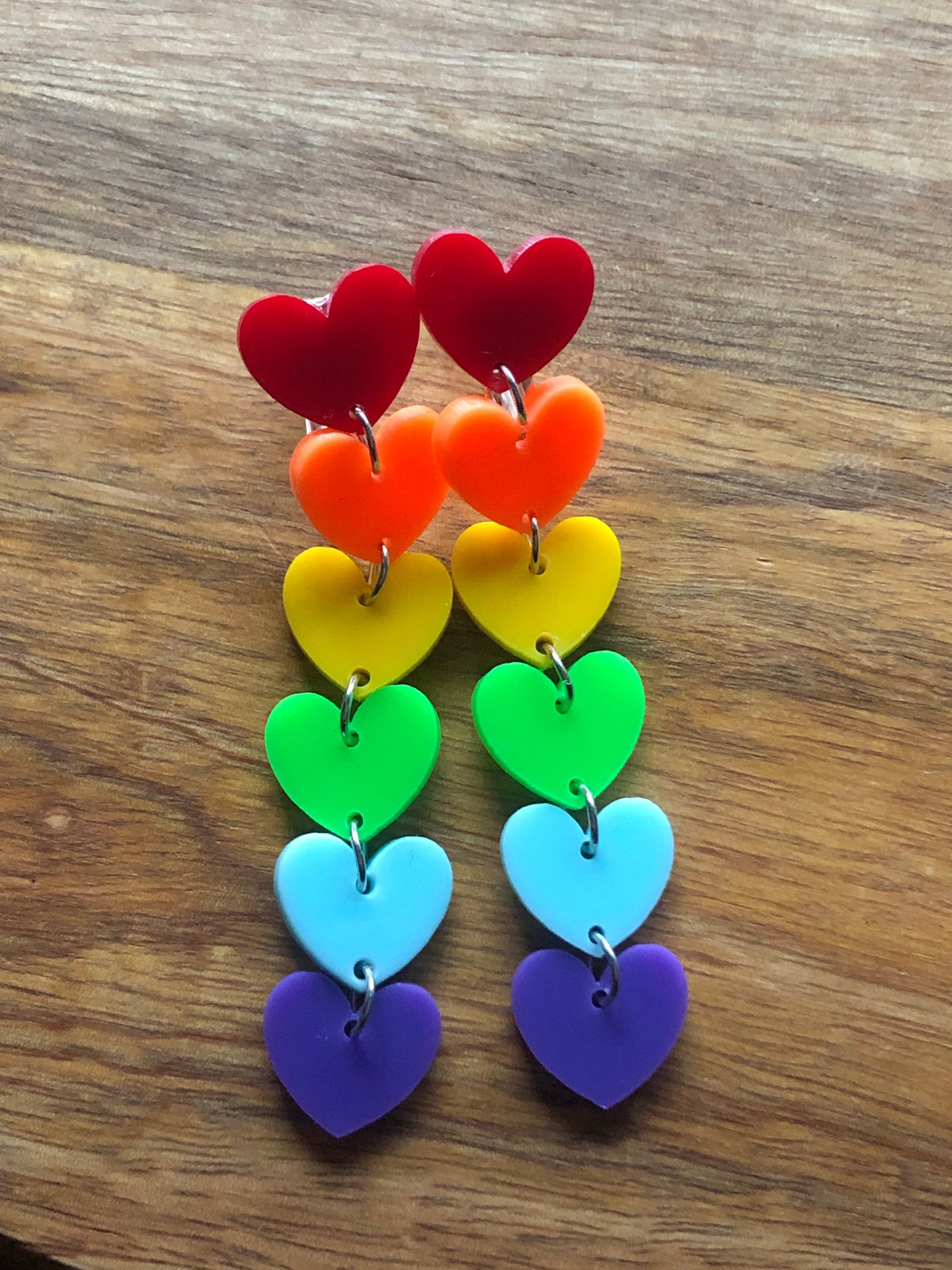 Dangling Rainbow heart chain clip on earrings