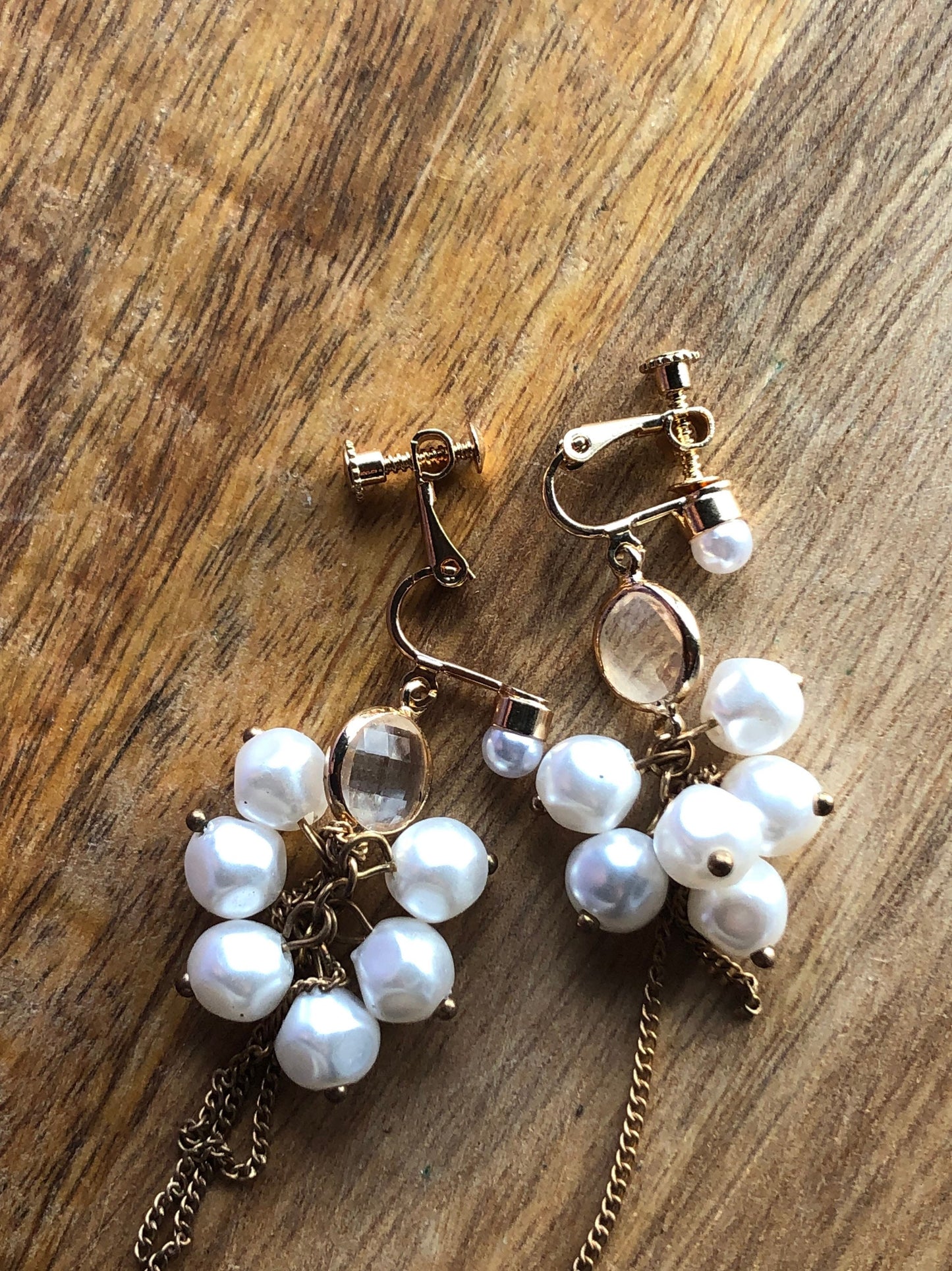 Vintage Faux pearl and crystal bead dangling clip on earrings