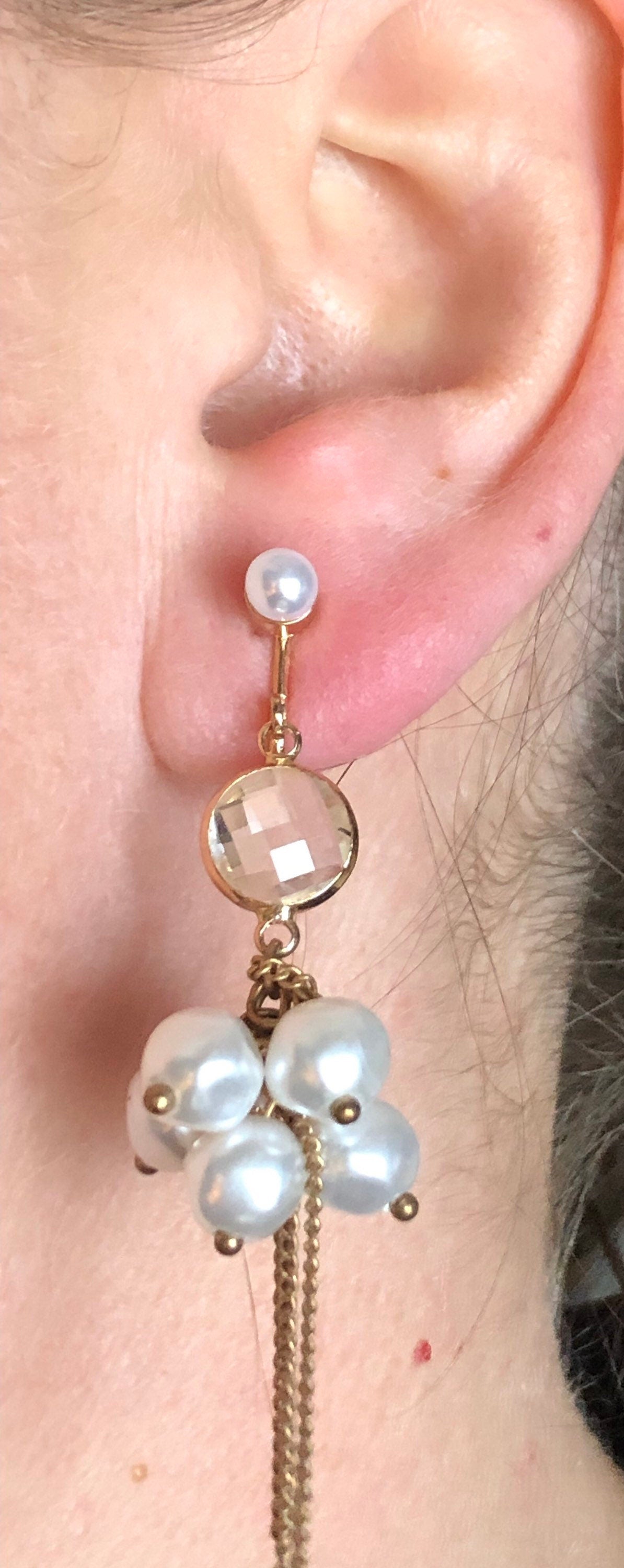 Vintage Faux pearl and crystal bead dangling clip on earrings