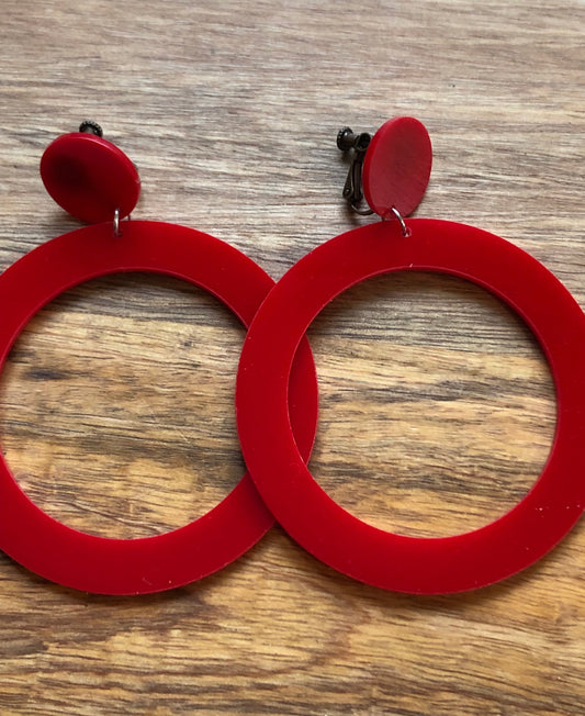 Giant plastic hoop clip on earrings (hinged screw on closures or clip closures)