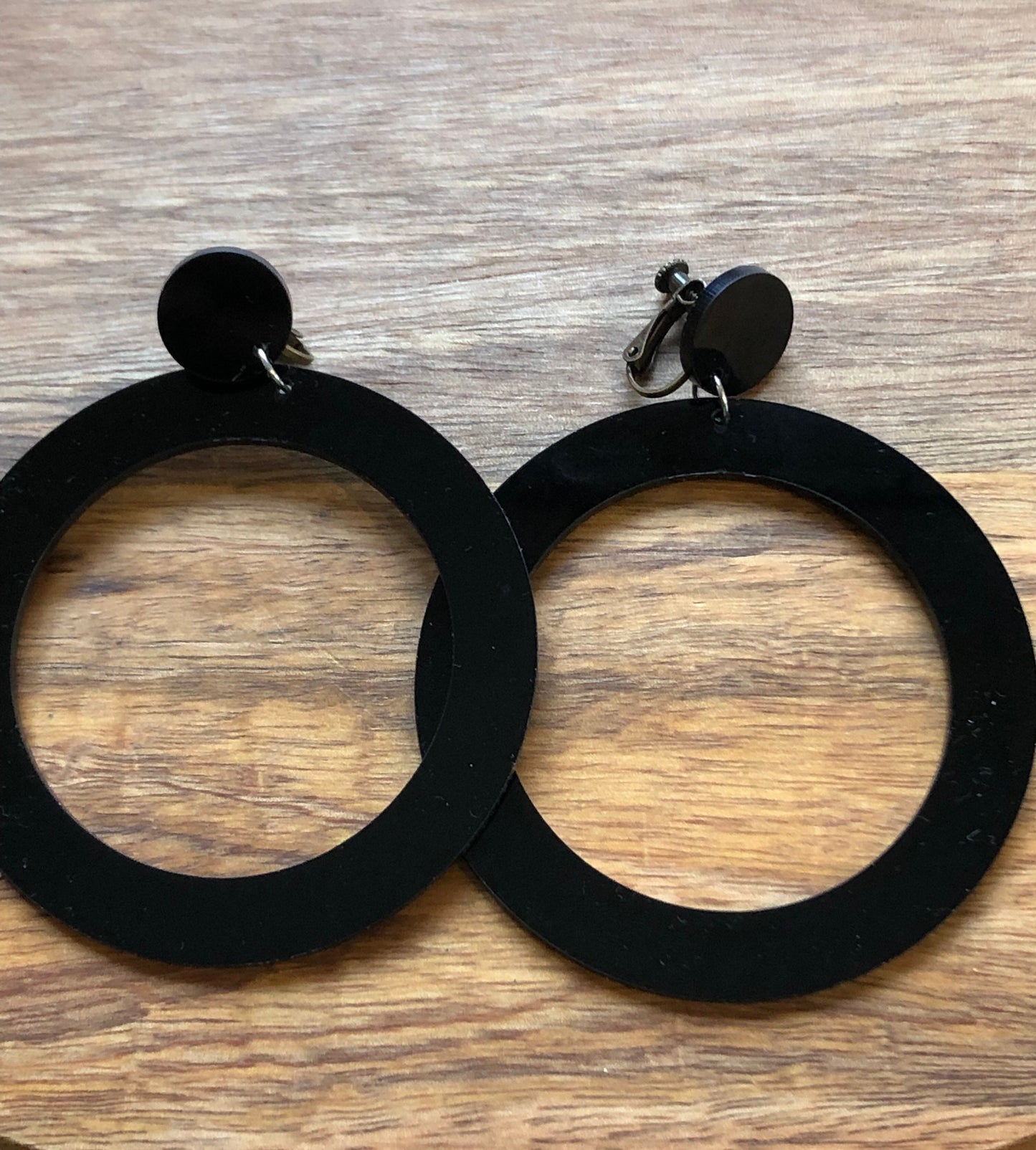 Giant plastic hoop clip on earrings (hinged screw on closures or clip closures)