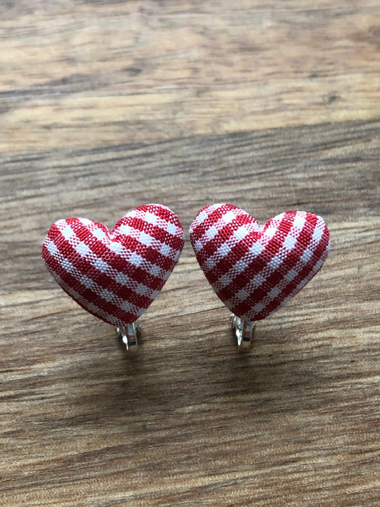 gingham heart invisible heart clip on earrings